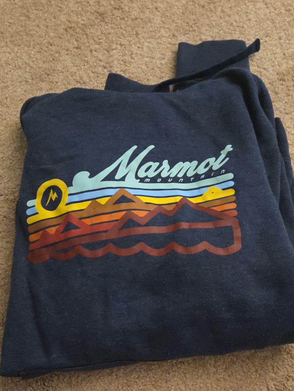 Marmot Navy Pullover Hoodie with Multicolor Mountain Graphic